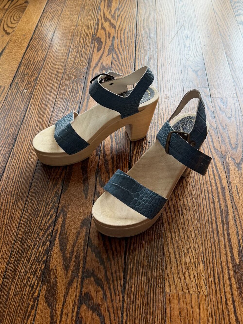 No. 6 Blue Croc-Embossed Leather Platform Clog Sandals — Size 38